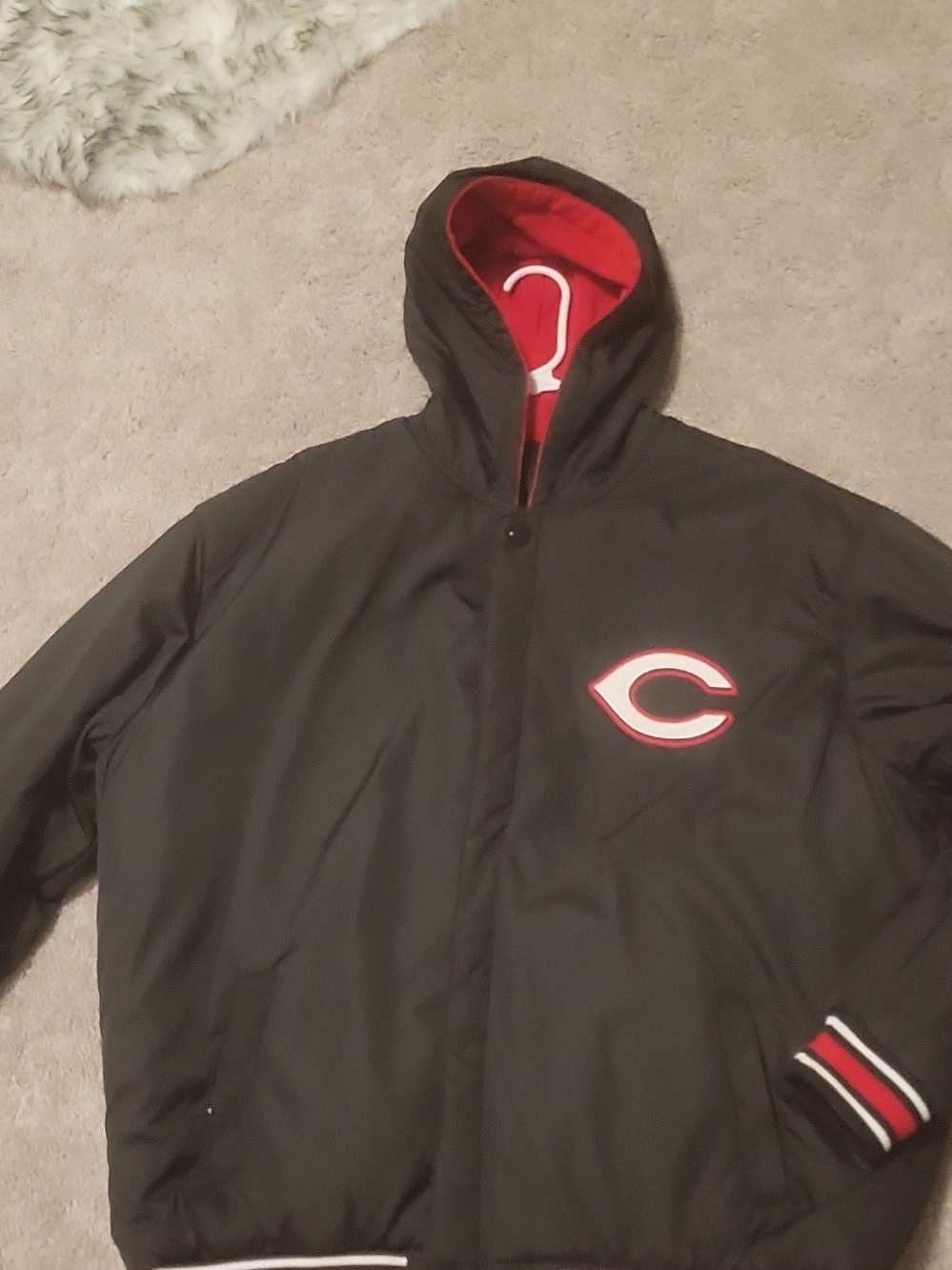 Genuine Merchandise Black and Red Hooded Bomber Jacket with Team Emblem